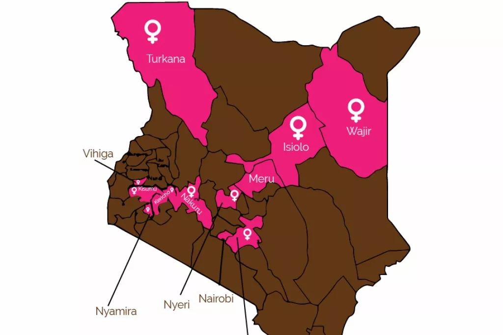 An infographic map showing counties where Wajibu Wetu supported women in political leadership