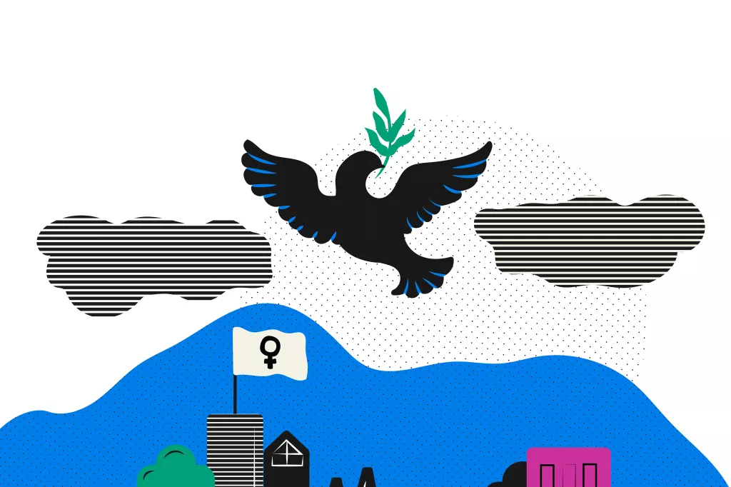 Illustration av en fredsduva som flyger över en stad.
