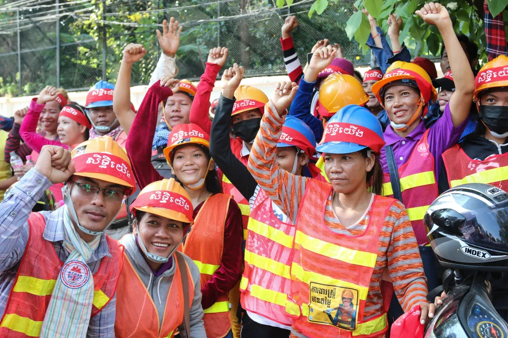Construction workers in Cambodia protesting.