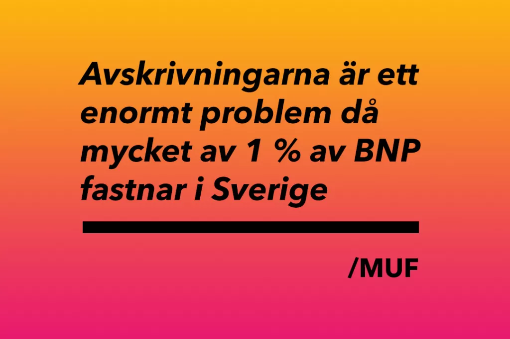 Avskrivningarna är ett enorm problem då mycket av 1% av BNP fastnar i Sverige. /MUF