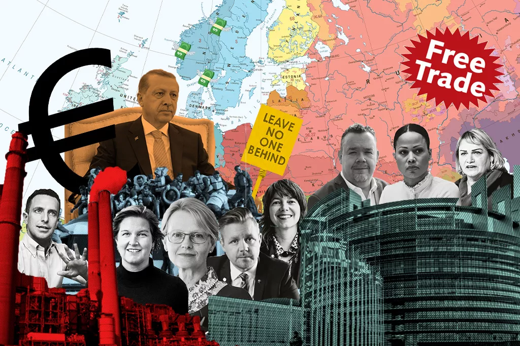 Kollage av alla toppkandidater till eu med frabriker, kommissionen, erdogan, free trade lapp, levae no one behind-skylt och en stor euro symbol. I bakgrunden är en karta över europa.