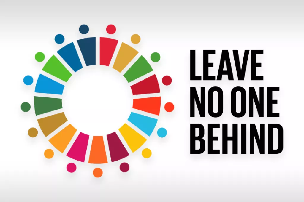 Leave no one behind symbol is the global goals symbol with dots around it. 