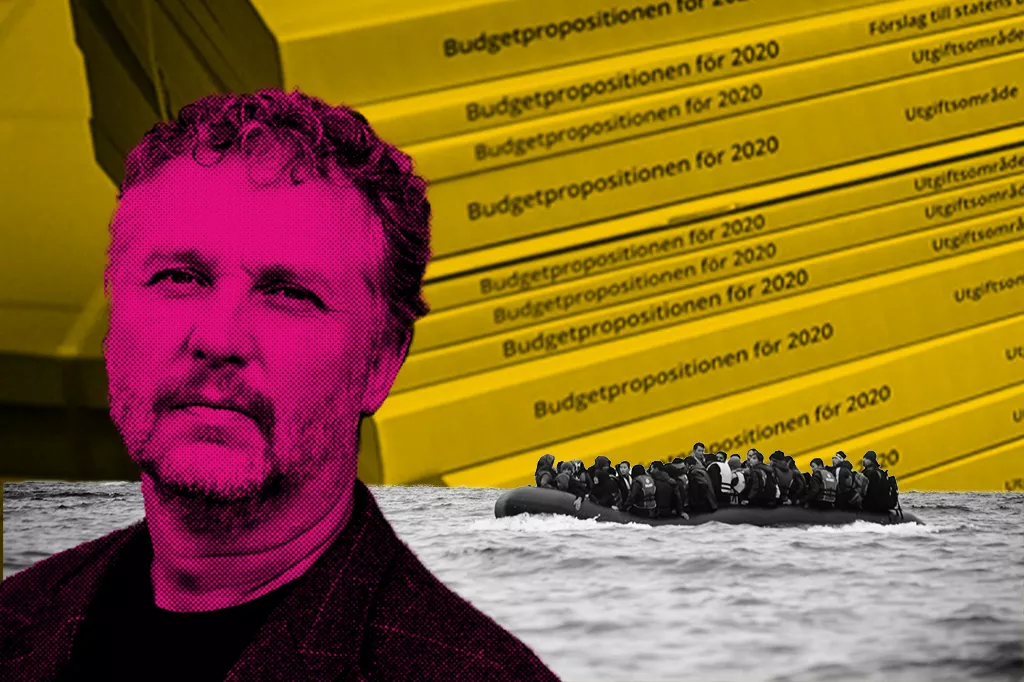Kollage med Peter Eriksson i porträtt som står framför ett hav av migranter. Himlen är budgetpropositionen 2020.