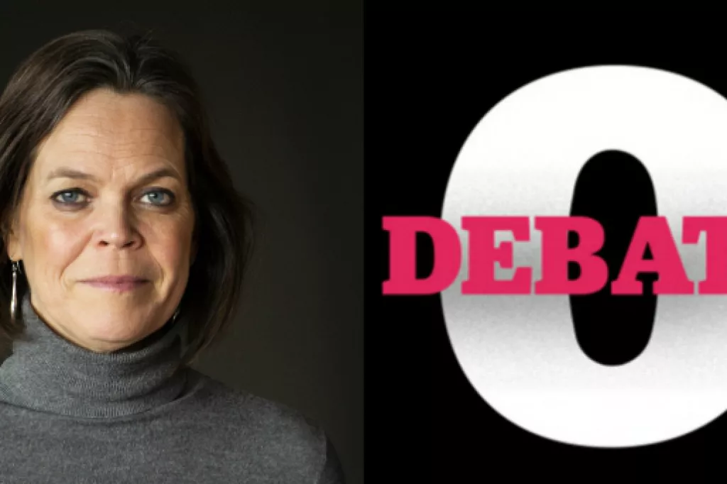 Porträtt av Anna Stenvinkel bredvid tidningen Omvärldens bokstav O med texten "debatt" skrivet ovanpå.