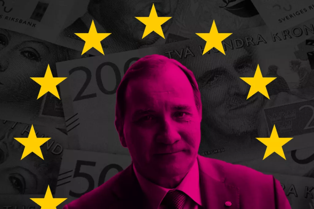 Kollage med Stefan Löfven, EUs stjärnor med en bakgrund av svenska sedlar.