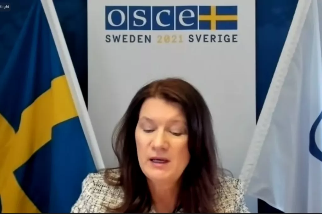Ann Linde sitter mellan svenska och osse flaggan i ett samtal på zoom. 