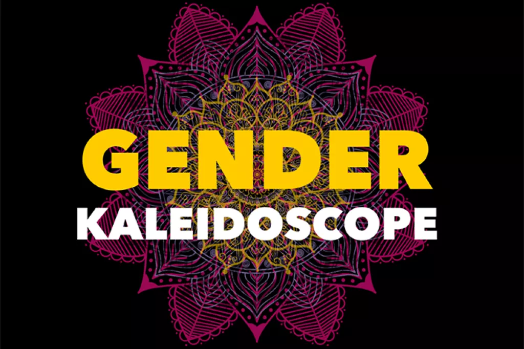 Loggan för Gender Kaleidoscope som är namnet plus en blomma i lila och gult med en svart bakgrund. 