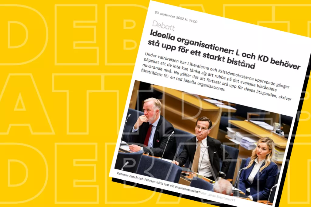 Skärmdump på debattartikel i Altinget. På bilden syns Johan Perhson, Ulf Kristersson och Ebba Busch.