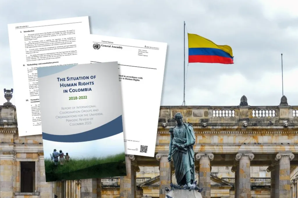 Colobias parliamentsbyggnad med Colombias flagga i en flaggstång på taket. Skärmdump på rapporter om Colombia.