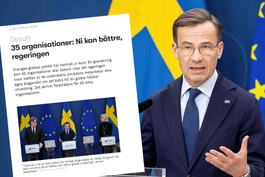 Ulf Kristersson i blåkostym med blå slips under en presskonferens. Till vänster en skärmdump på debattartikeln i Altinget