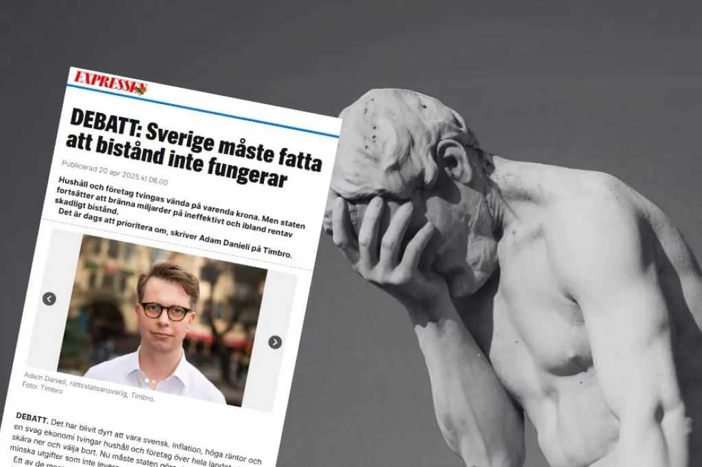 Bild på staty som tar sig för pannan. Skärmdump på debattartikel i Expressen.