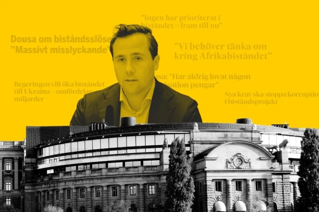 Bildkollage med Biståndsminister Benjamin Dousa, riksdagshuset och tidningsrubriker om biståndet.