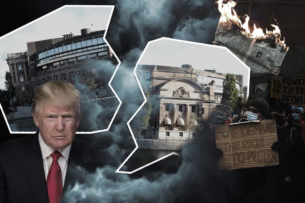 Kollage med bilder på Trump, riksdagshuset, en brinnande papperstidning och demonstranter med skylen vi kräver vår rätt att protestera.