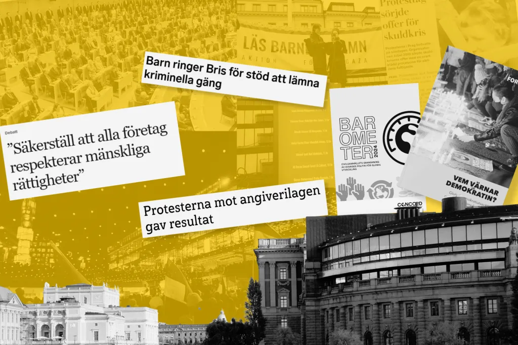 Bildkollage med riksdagshuset, tidningsrubriker, rapporter och protester