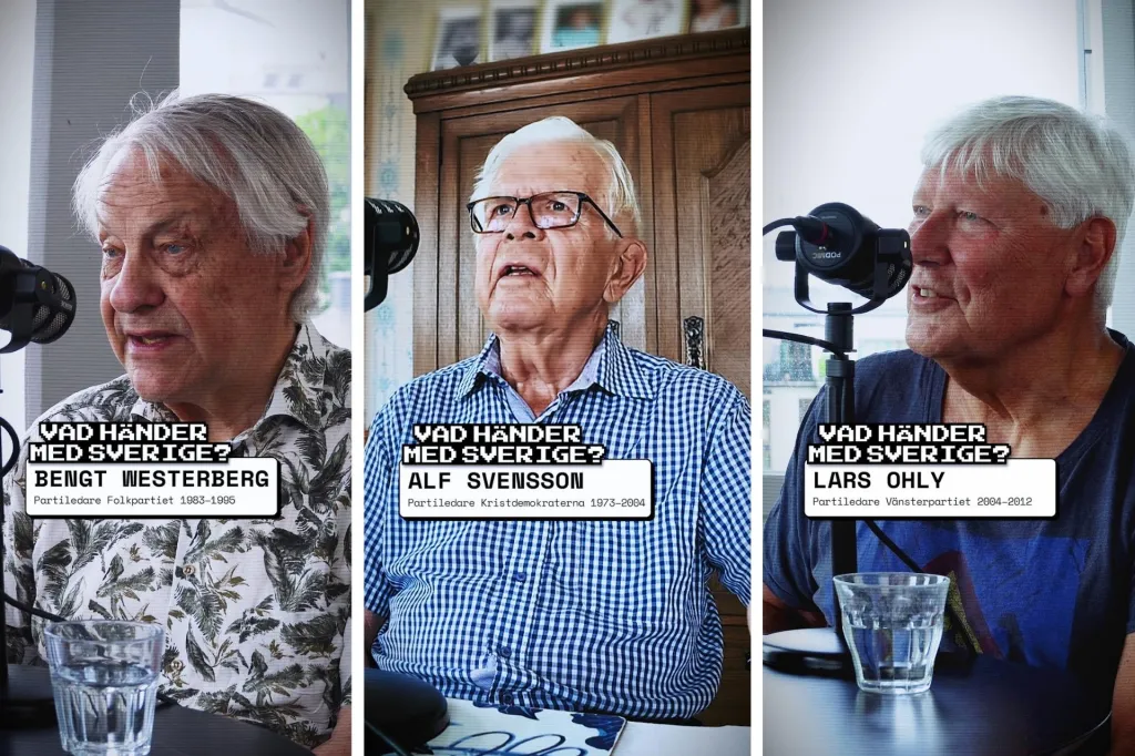 Alf Svensson, Bengt Westerberg och Lars Ohly sitter framför mikrofoner.