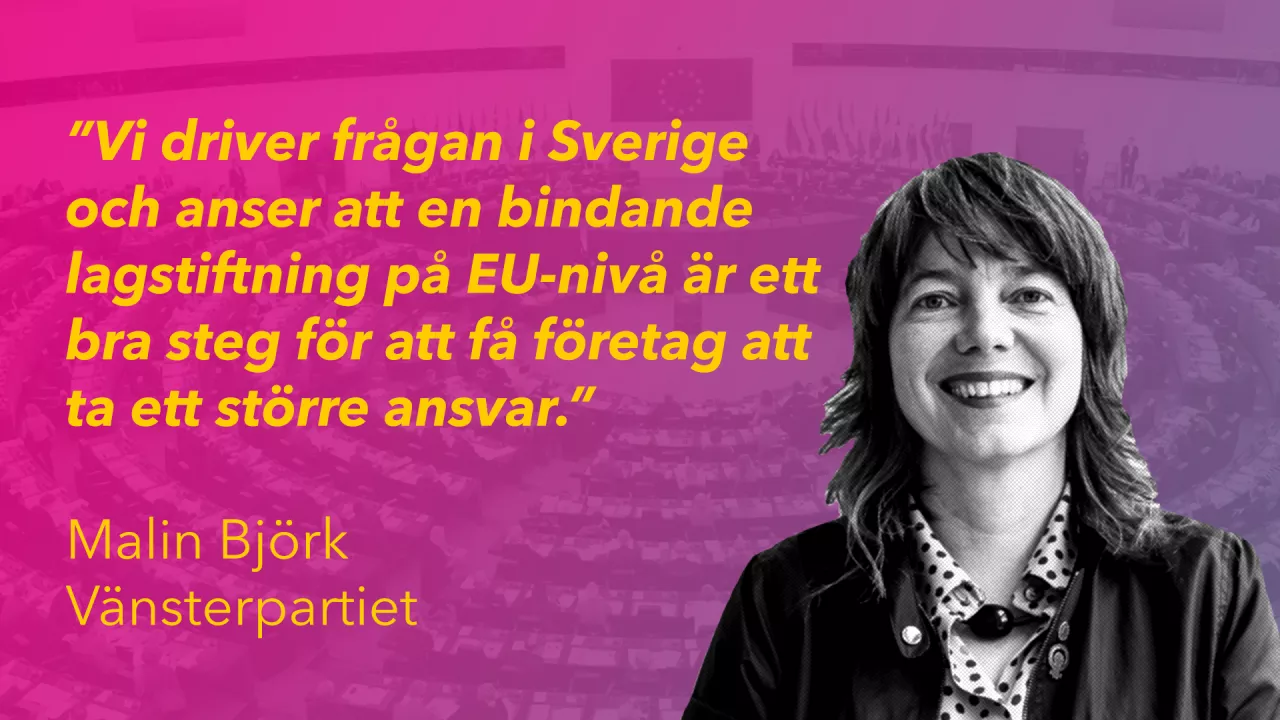 Porträtt av malin björk med citatet "vi driver frågan i Sverige och anser att en bindande lagstiftning på EU-nivå är ett bra steg för att få företag att ta ett större ansvar".