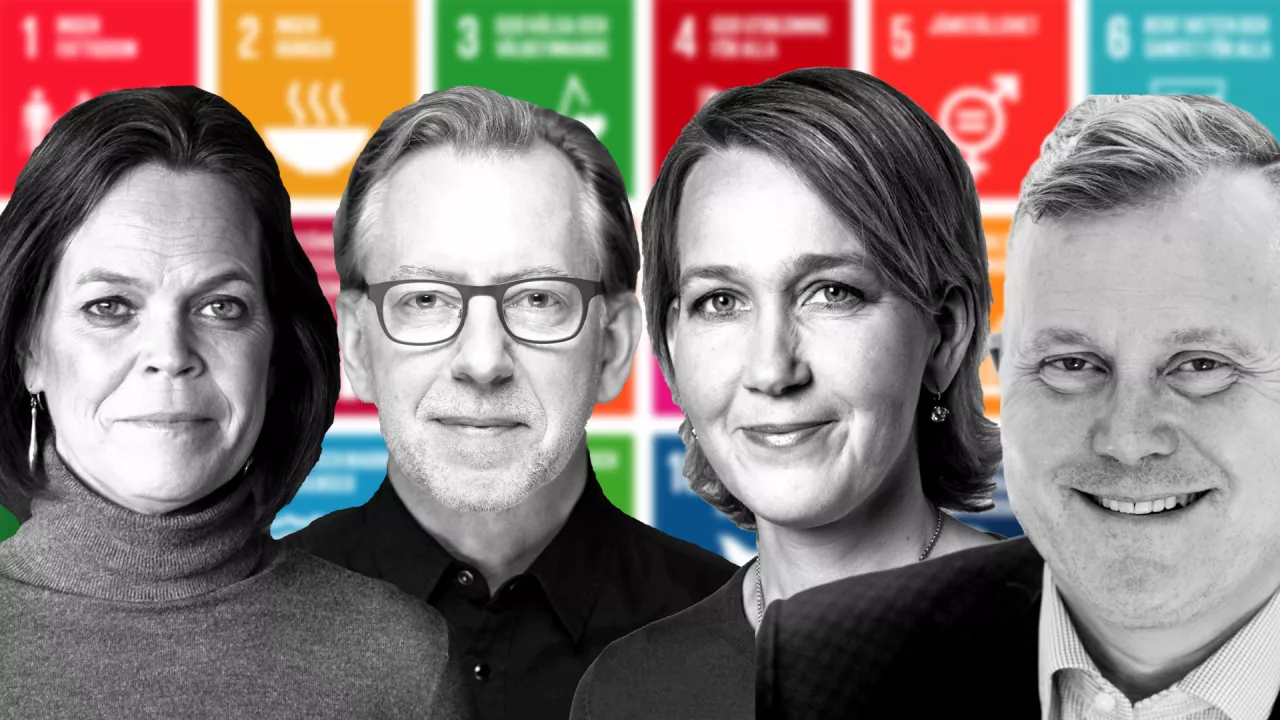 Panelists with the global goals squares in the background.