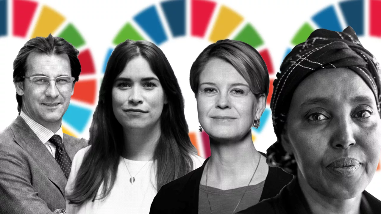 Portraits of the participants with the Global Goals circles behind them.
