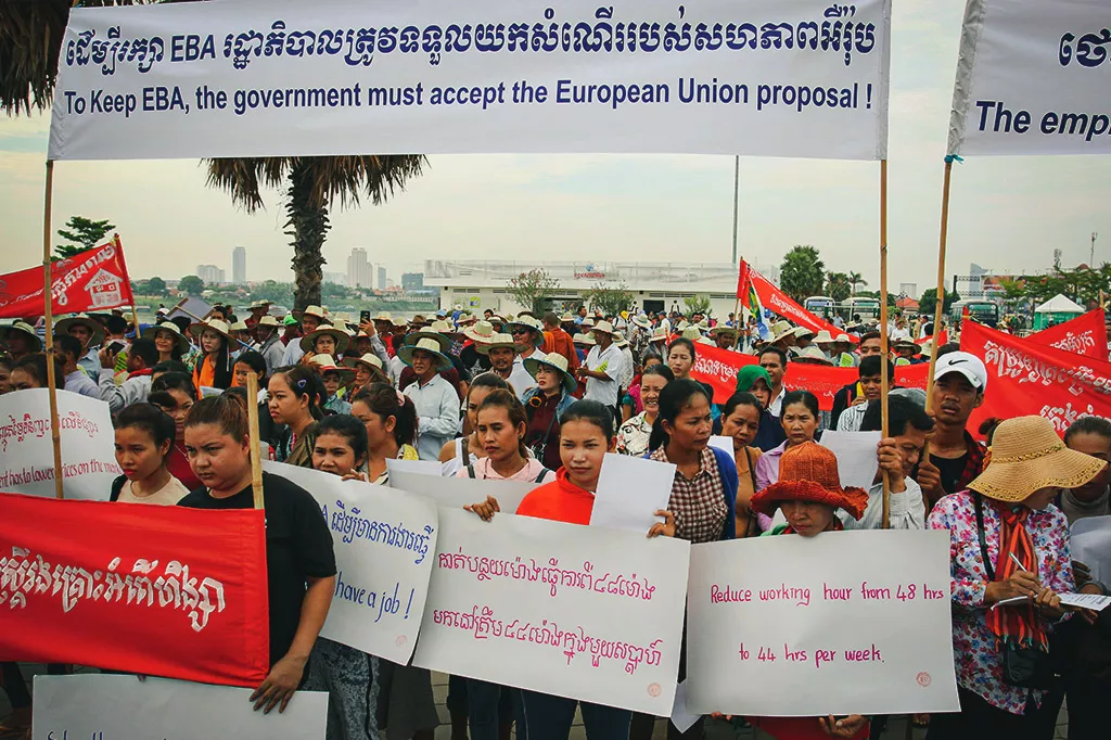 Protesters hold a sign calling on the government to protect Cambodia’s Everything But Arms trade scheme. Photo: LICADHO Cambodia.
