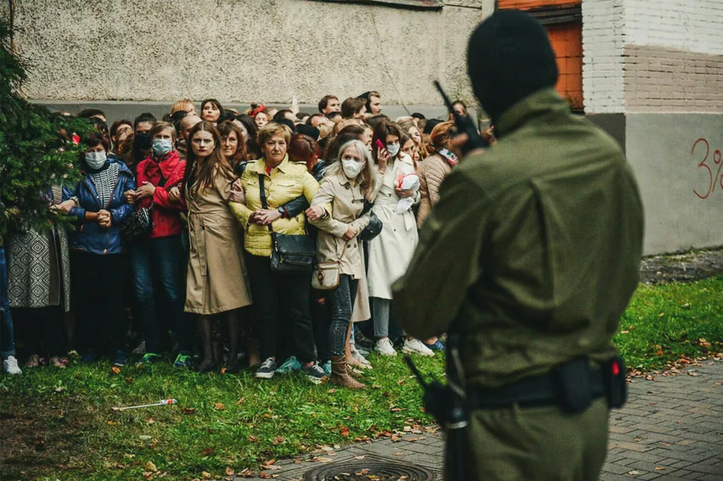 Women shielding protestors from the police in Belarus.