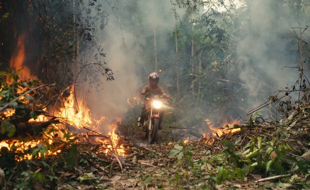 Screenshot of the documentary The territory. A man drives a motorcycle through a burning amazon rainforest. 