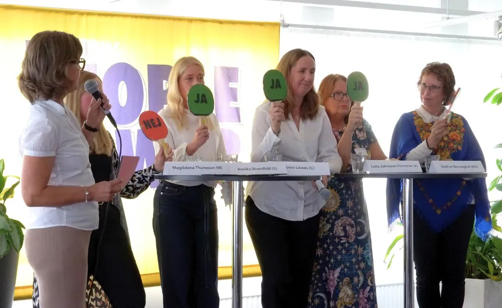 Socialdemokraterna, Centerpartiet och Vänsterpartiet håller upp gröna skyltar som säger ja. Kristdemokraterna håller skylten i mitten som indikerar på att hon tvekar. Moderaterna håller upp röd skylt som säger nej.