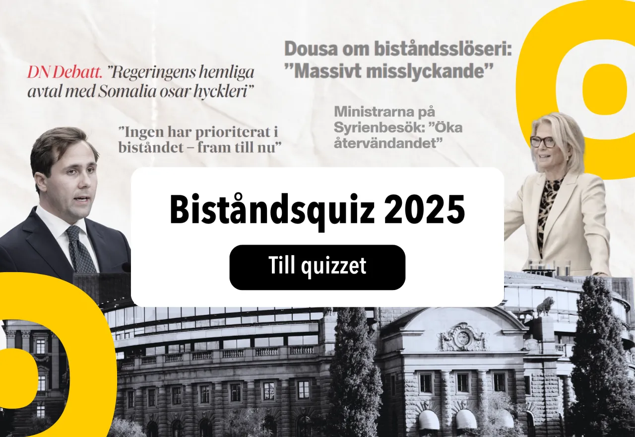 Collage med riksdagen, biståndsminsitern, finansminsitern samt rubriker om bistånd från året som gått