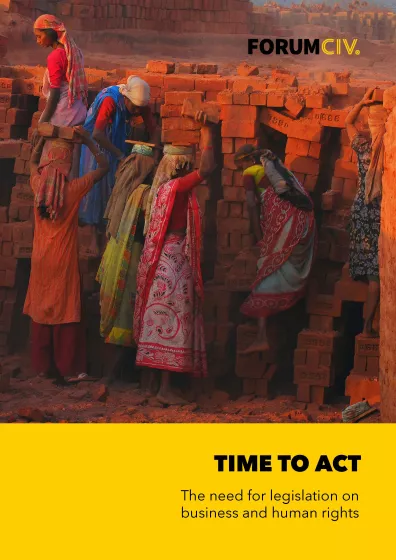 Women carrying bricks text reads time to act the need for a legislation on business and human rights