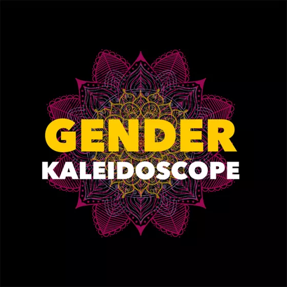 Loggan för Gender Kaleidoscope som är namnet plus en blomma i lila och gult med en svart bakgrund.