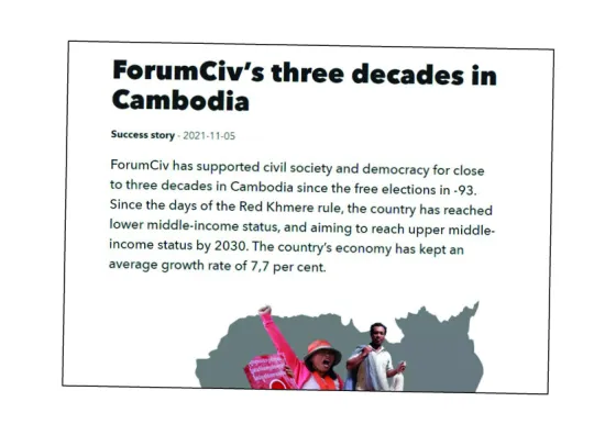 A black headline on a white background. The text is ForumCiv's three decades in Cambodia.