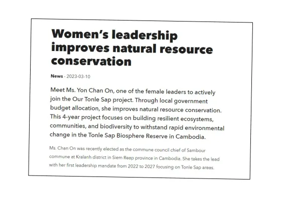 A print screen from ForumCiv's website. A black headline on a white background. The text is Women's learship improves natural resource conservation.