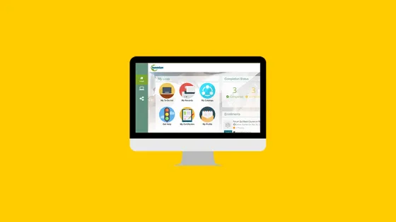 Yellow background with a print screen of the e-learning site.