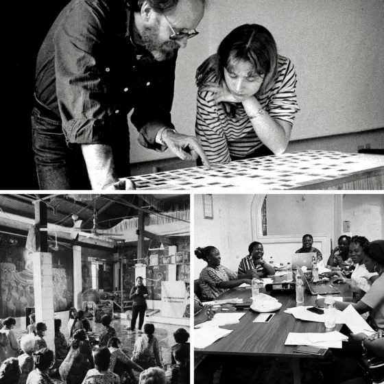 Svartvita foton på människor som arbetar. Två personer tittar på diabilder, en kvinna håller i en workshop i Kambodja och en grupp kvinnor sitter vid ett bord med sina datorer i Libiera.