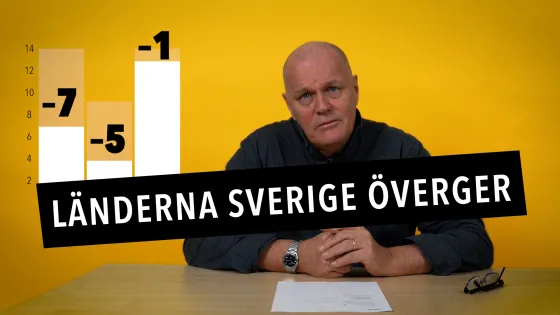 Göran sitter vid ett skrivbord. Stapeldiagram och texten länderna Sverige överger.