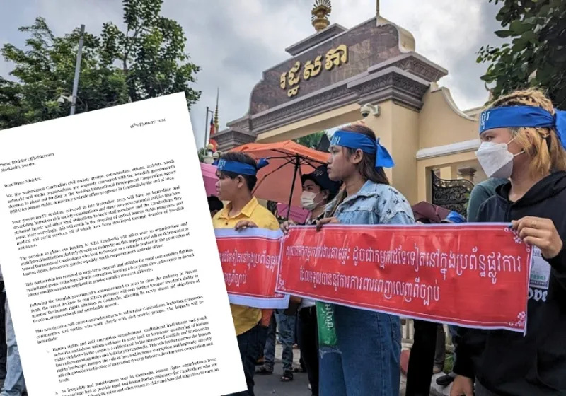 Workers from the food, service, and entertainment sectors participate in the gathering outside the National Assembly on International Labour Day 2023. Their banners ask for consideration of labour rights across all sectors.