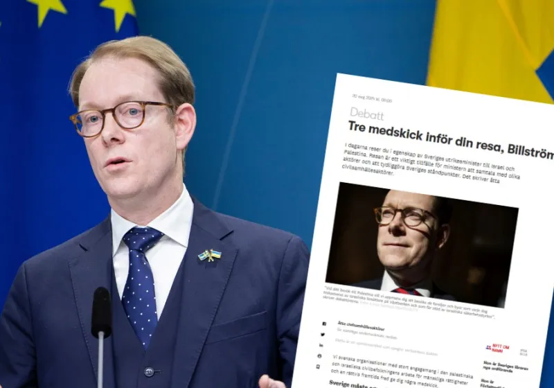 Tobias Billström i blå kostym på en presskonferens i riksdagen. Skärmdump på artikel i Altinget.