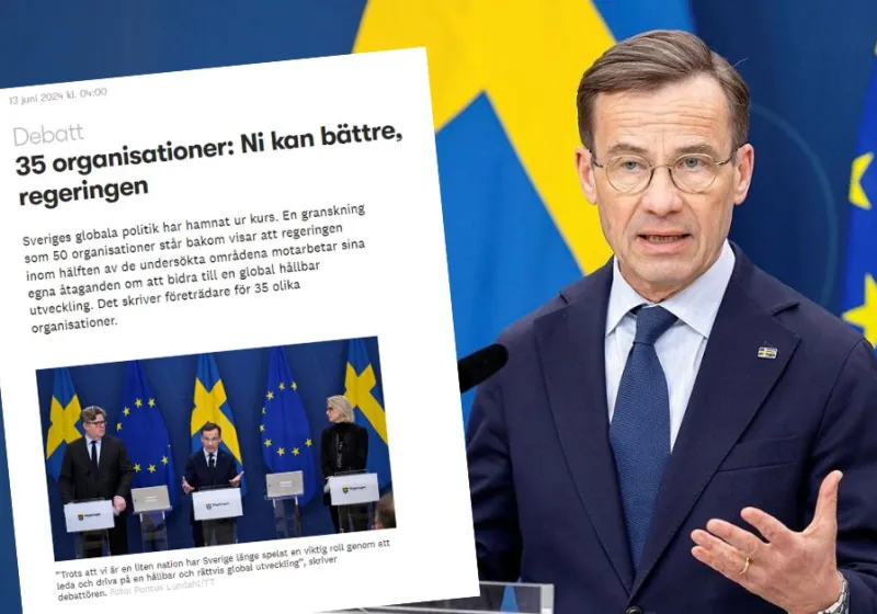 Ulf Kristersson i blåkostym med blå slips under en presskonferens. Till vänster en skärmdump på debattartikeln i Altinget