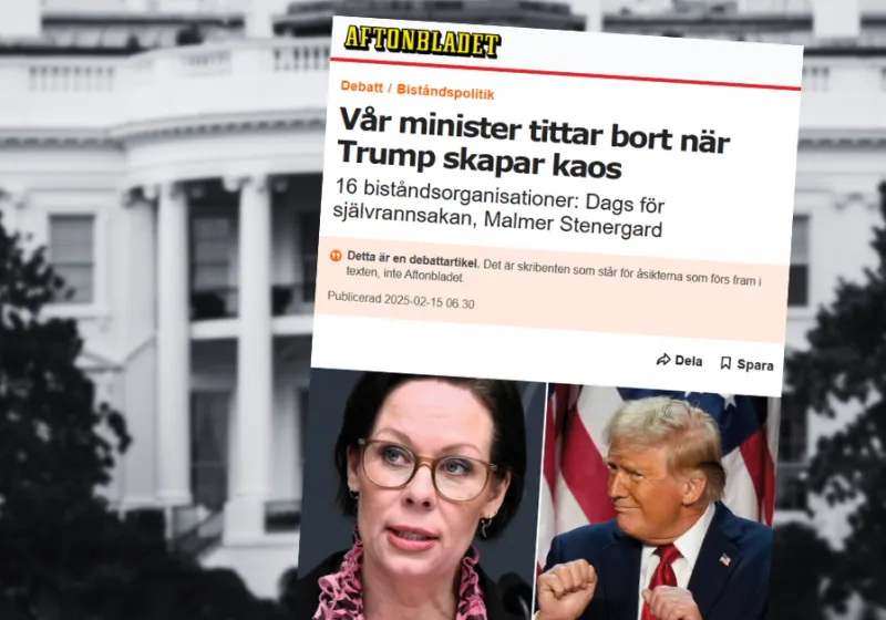 Skärmdump på debattartikel med rubriken vår minister tittar bort när Trump skapar kaos. I bakgrunden syns Vita huset i USA.