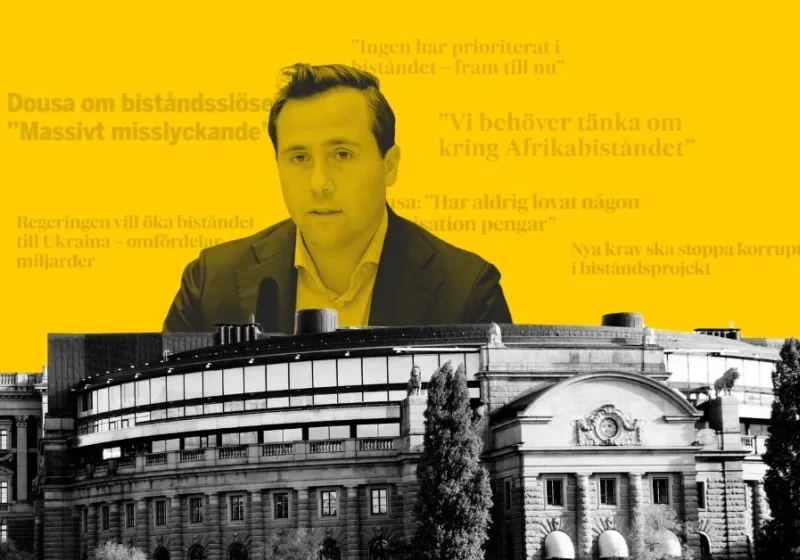 Bildkollage med Biståndsminister Benjamin Dousa, riksdagshuset och tidningsrubriker om biståndet.