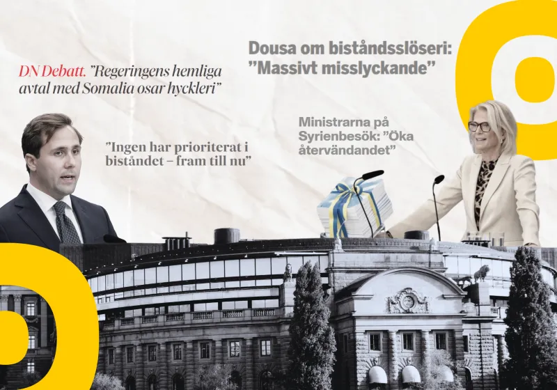 Collage med riksdagen, biståndsminsitern, finansminsitern samt rubriker om bistånd från året som gått