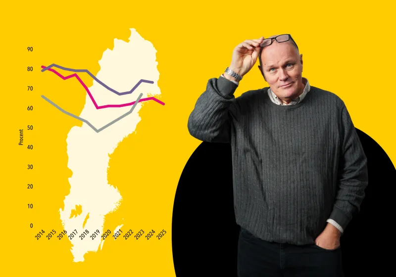 Göran Holmqvist står vid en Sverigekarta som har en graf över sig.