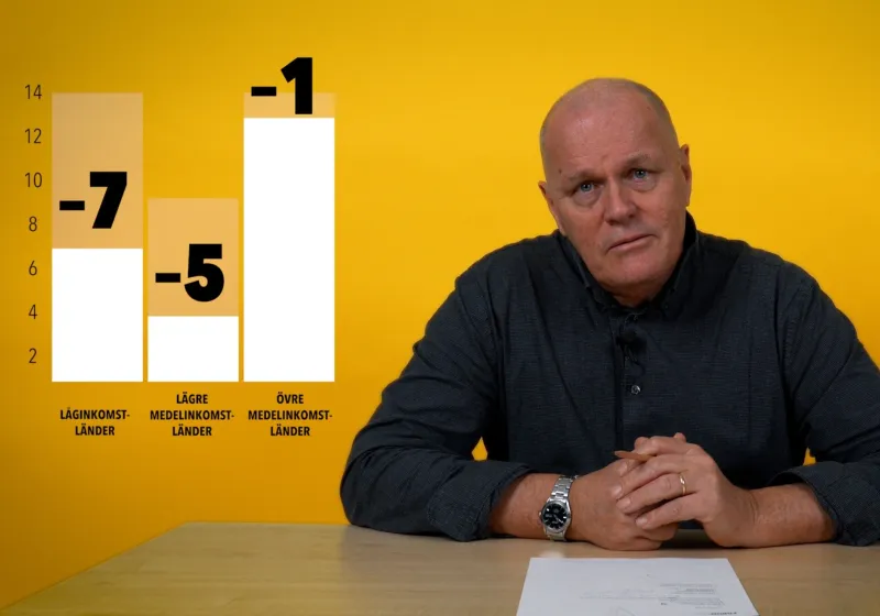 Göran sitter vid ett skrivbord. Stapeldiagram och texten länderna Sverige överger.