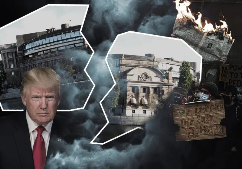 Kollage med bilder på Trump, riksdagshuset, en brinnande papperstidning och demonstranter med skylen vi kräver vår rätt att protestera.