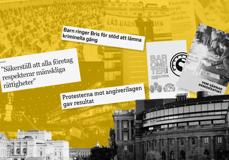 Bildkollage med riksdagshuset, tidningsrubriker, rapporter och protester