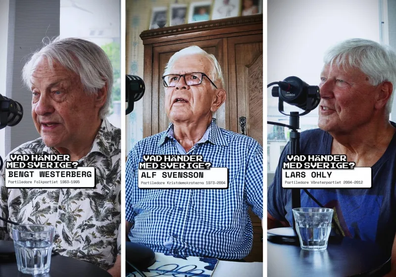Alf Svensson, Bengt Westerberg och Lars Ohly sitter framför mikrofoner.
