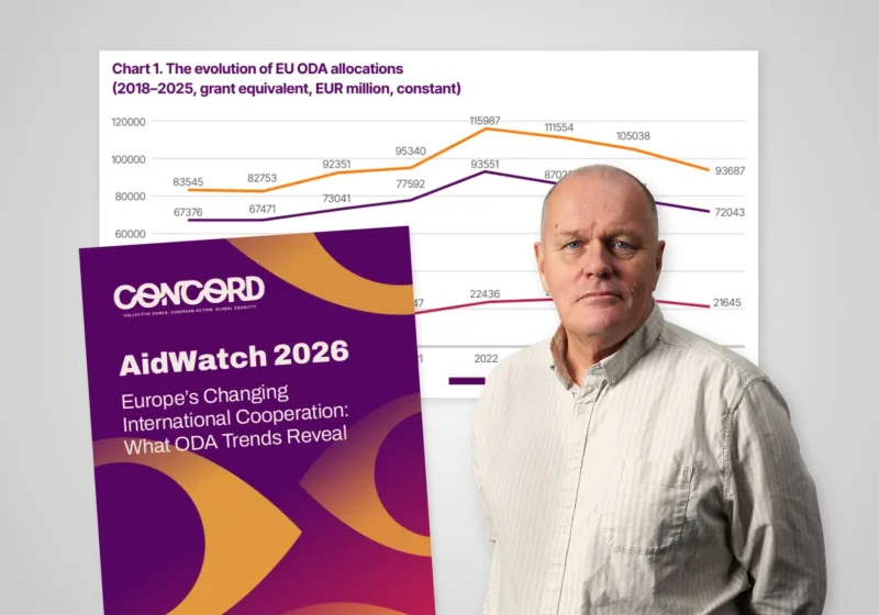 Göran med diagram som visar sjunkande bistånd i EU samt framsidan av Aidwatch rapporten