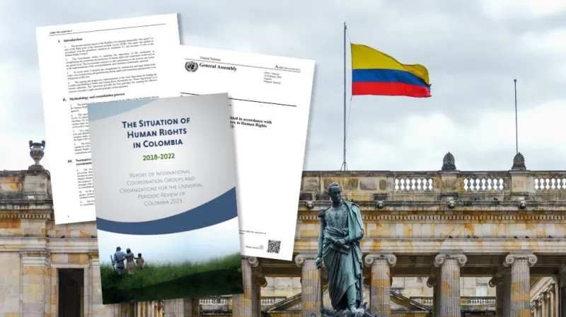 Colobias parliamentsbyggnad med Colombias flagga i en flaggstång på taket. Skärmdump på rapporter om Colombia.