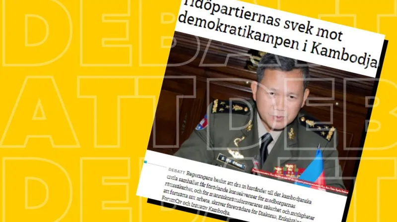 Skärmdump på debattartikel i Dagens Arena. Bild på Kambodjas Premiärminister Hun Manet i militäruniform. 