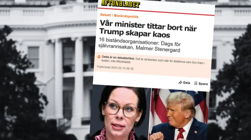 Skärmdump på debattartikel med rubriken vår minister tittar bort när Trump skapar kaos. I bakgrunden syns Vita huset i USA.