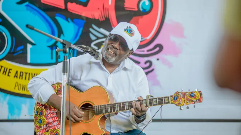 Artist performing during cohort 1 of the artivism fellowship in Tanzania